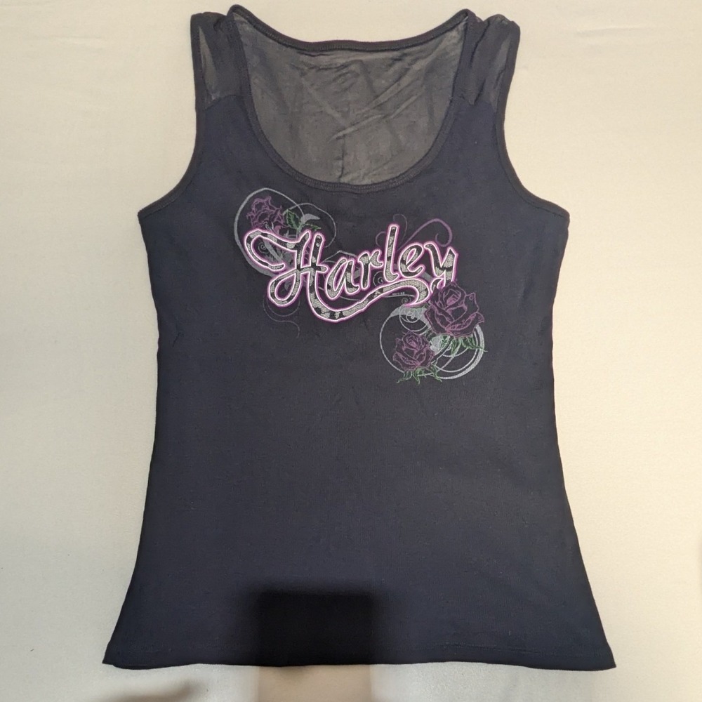 Harley-Davidson Tank Top Womens XL Black Mesh Back Rose Graphic Ribbed